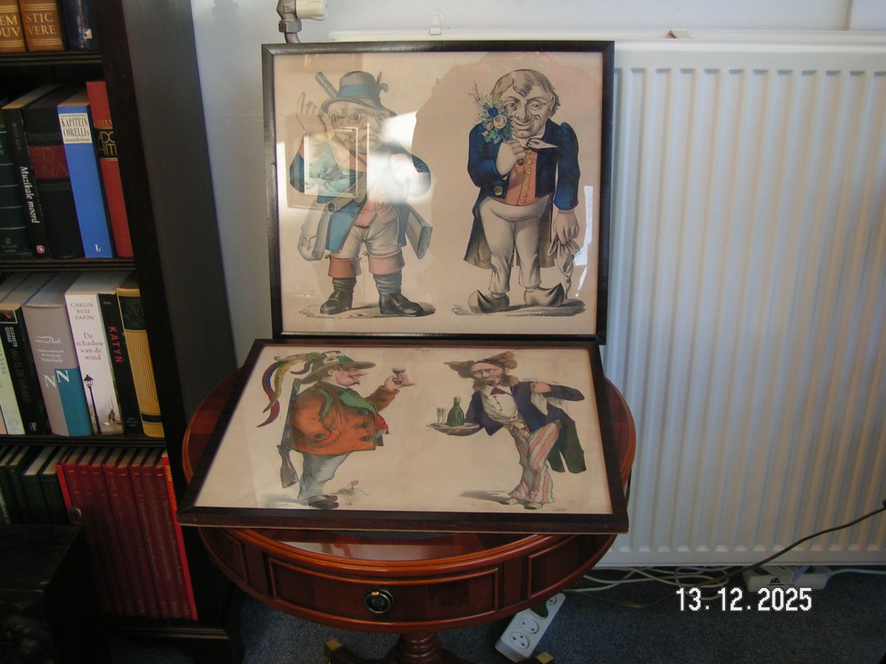 artikelnr. 1602076 Antigue Hand Colord Caricature Print Perstuk €95,- euro
Twee Antieke Caricature in zeer goede staat nr 30 
Afm B 48 H 40 cm
